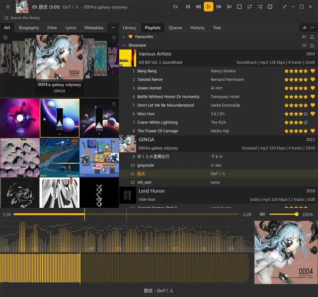 rox running the NekoRoX-style default workspace, showing the library, cover art, queue and a spectrum panel